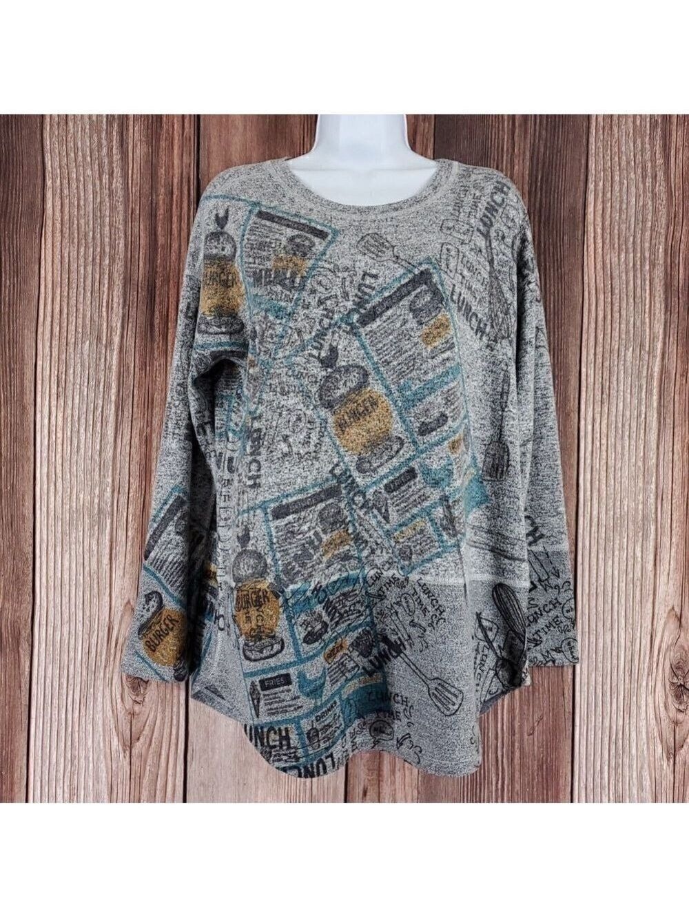 Inoah Wearable Art Womens Size Small Gray Lightweight Sweater Lunch Burger